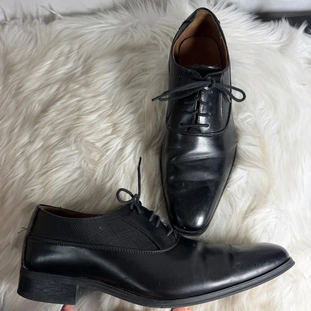 Amali Mens Black Pointed Toe Lace Up Dress Shoes Size 11 Textured Panel Oxford